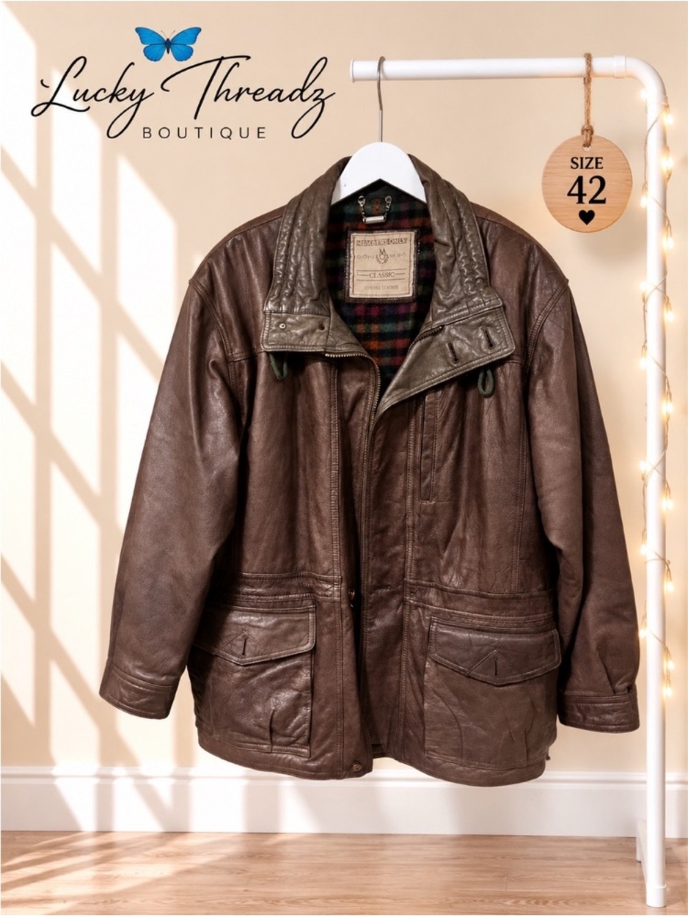 Vintage 80s Brown Leather Barn Jacket Field Coat Plaid Lined Utility Mens 42 L